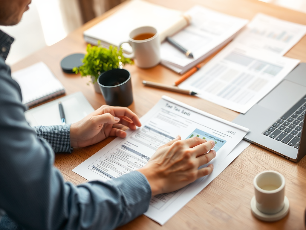 A person reviewing a tax document on a wooden desk with a laptop, coffee cup, and various papers in the background.