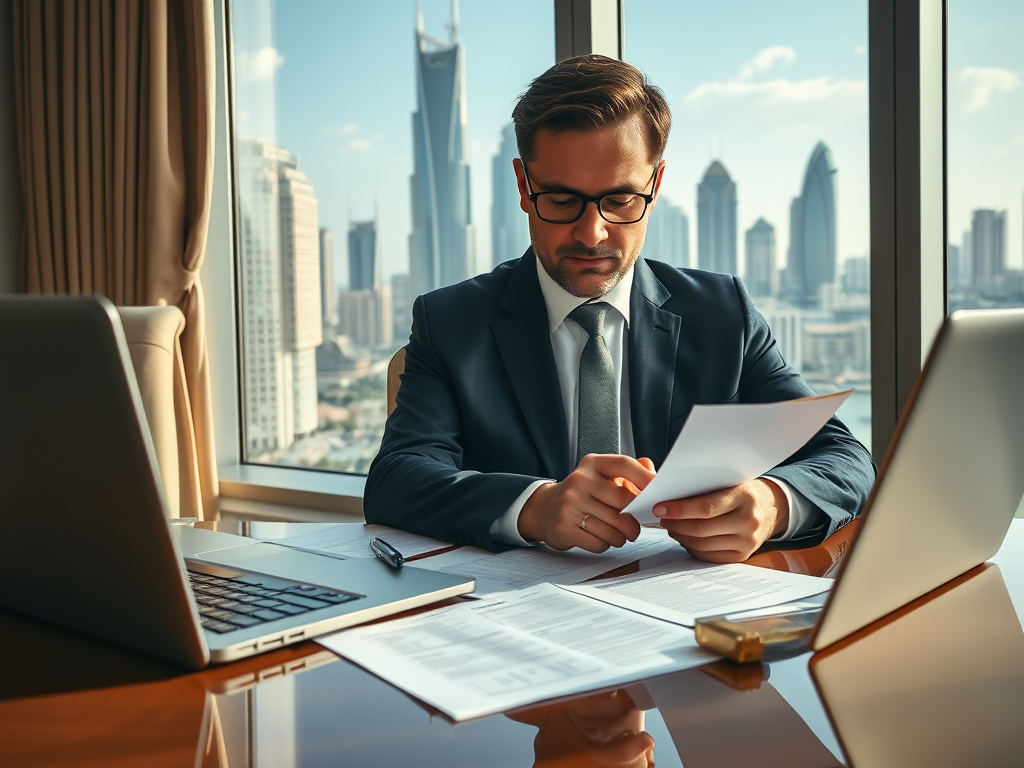 A businessman in a suit reviews documents at a desk with city skyscrapers visible through the window.