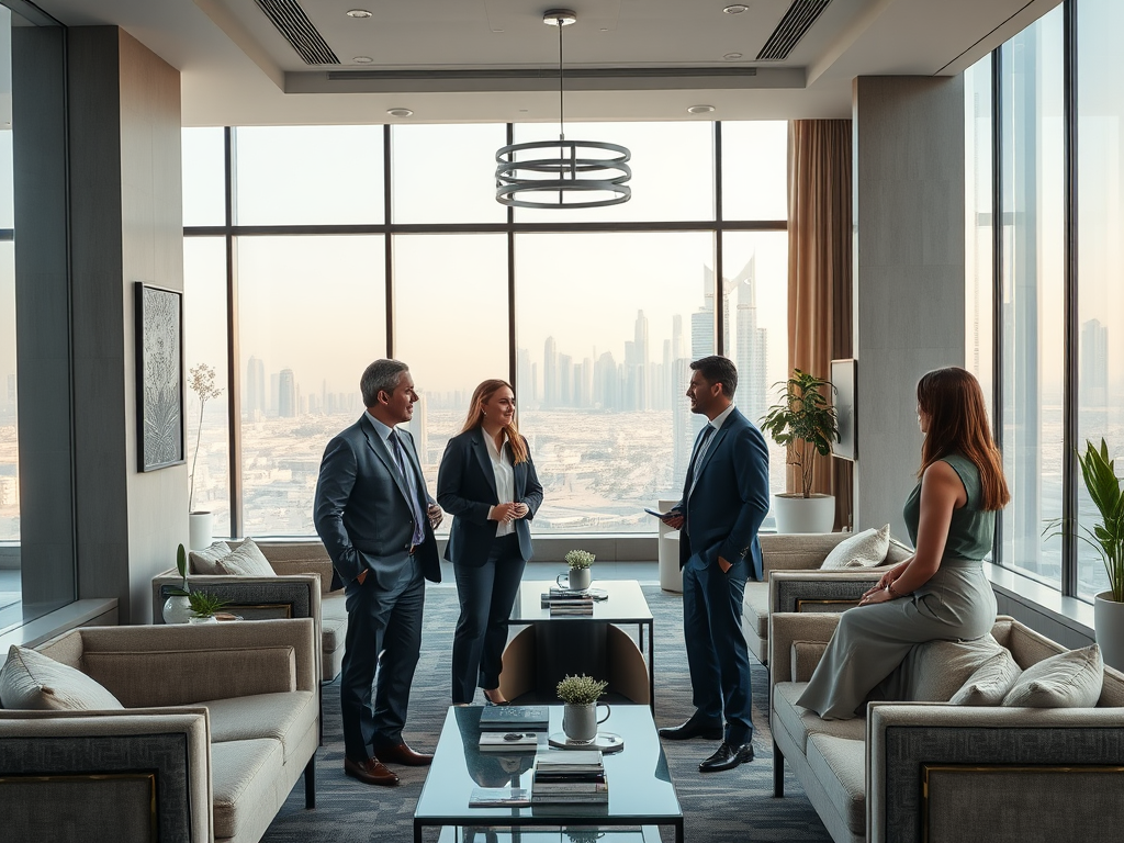 Four professionals in business attire converse in a modern office with a city skyline view, reflecting a collaborative atmosphere.