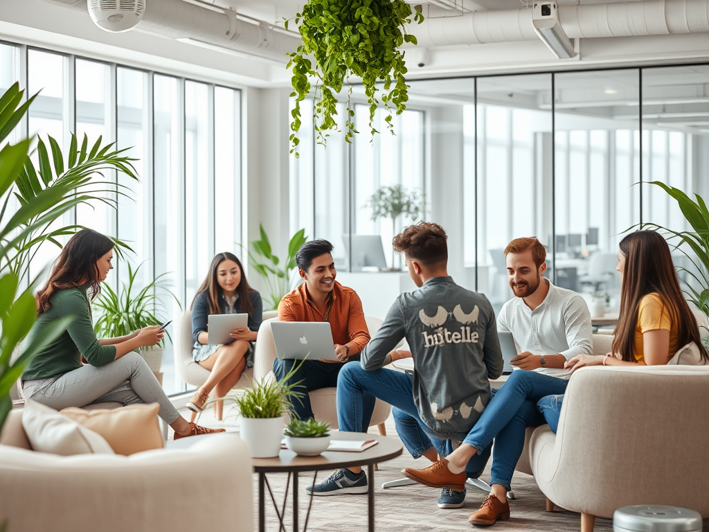 A group of six people engaged in discussion in a modern office, surrounded by plants and natural light.