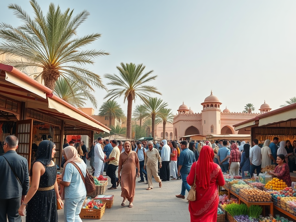 A bustling market scene with palm trees, colorful stalls, and a crowd of people shopping and socializing.