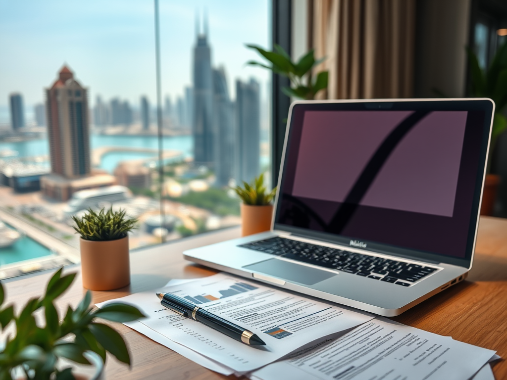 A laptop on a wooden desk with paperwork and a pen, overlooking a cityscape with skyscrapers and water.