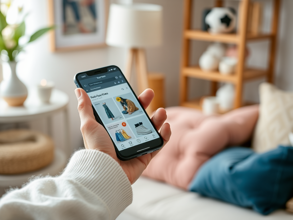 A hand holds a smartphone displaying a shopping app, with a cozy, stylish living space in the background.