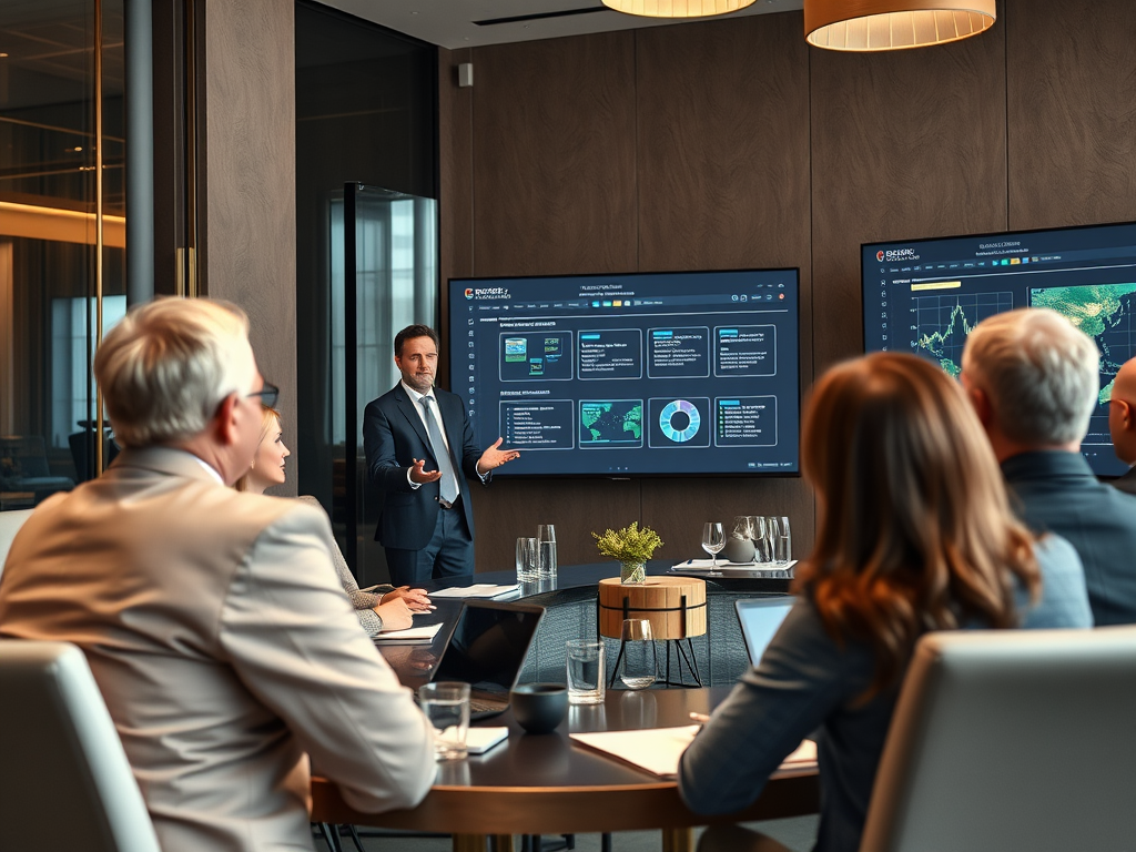 A business meeting with a presenter discussing data on screens, while attendees listen attentively around a conference table.