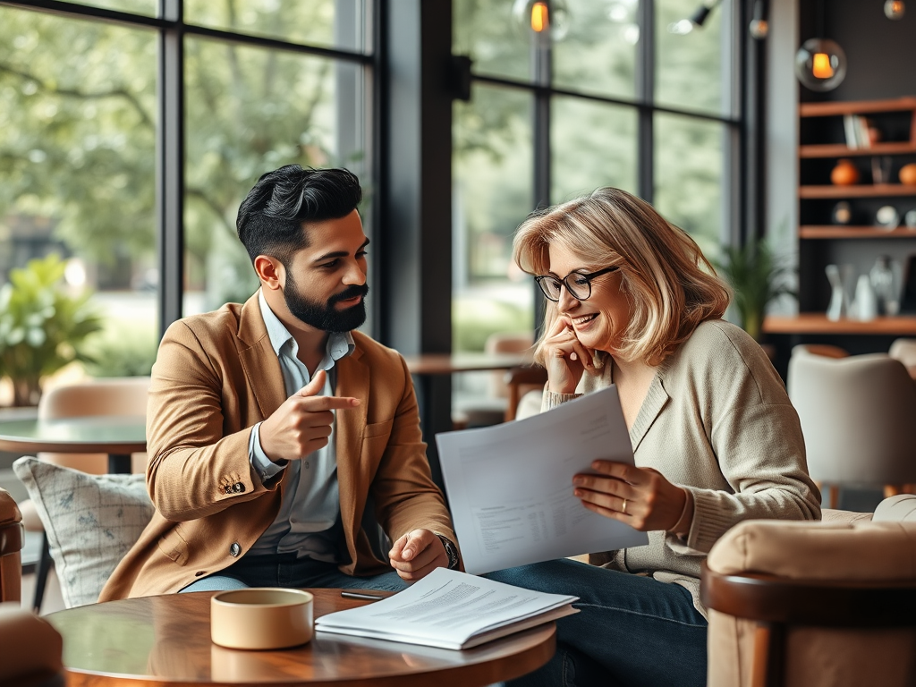 A man and woman engage in a discussion over documents at a cozy café, both looking pleased.