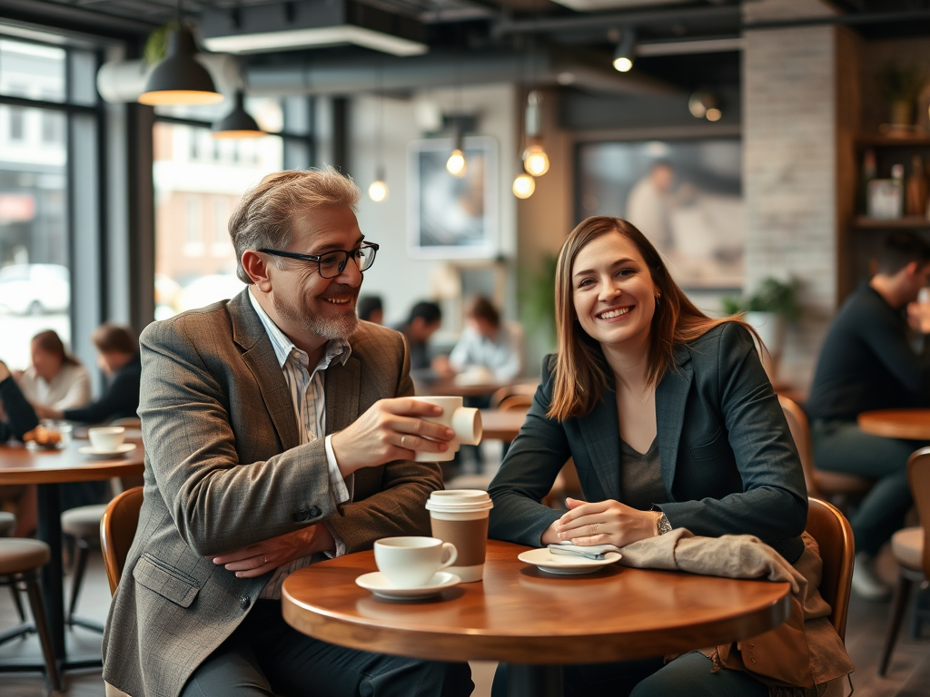 A man and woman sit at a café table, smiling and enjoying their drinks in a lively atmosphere.