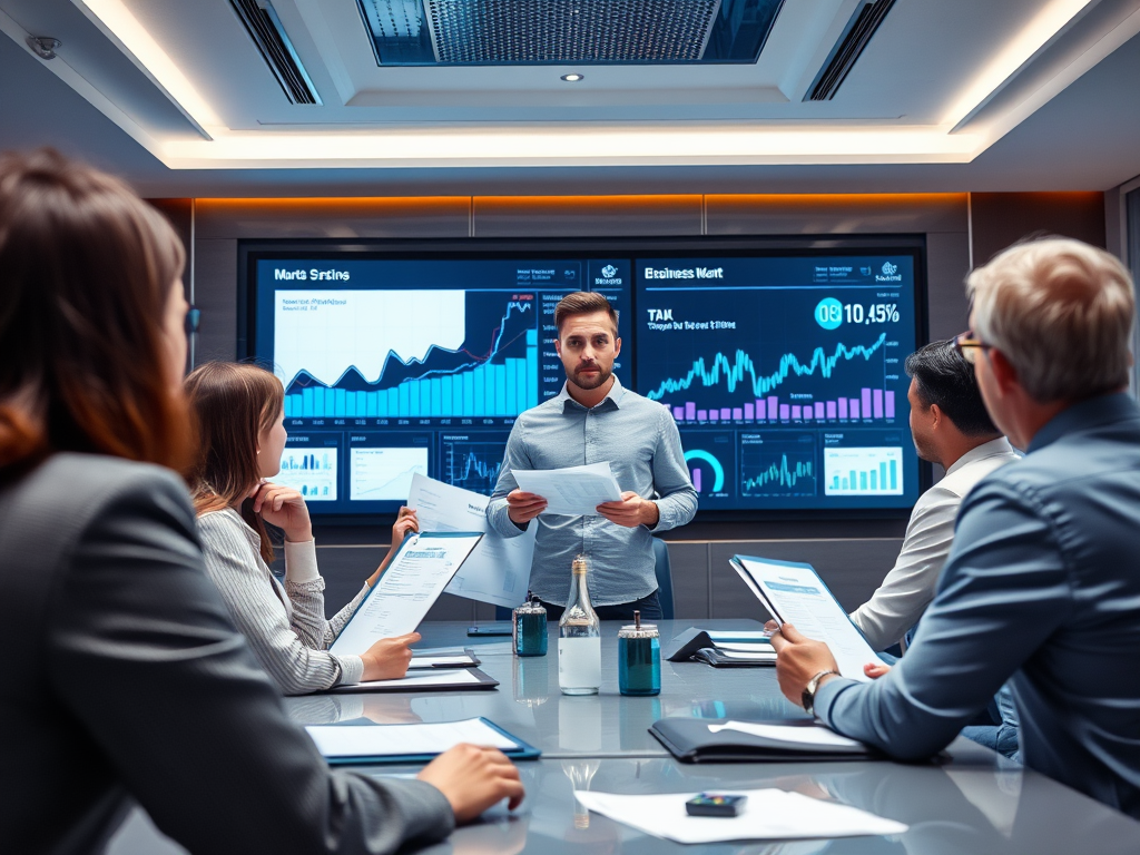 A man presents data to a group in a modern conference room with digital graphs displayed on a large screen.