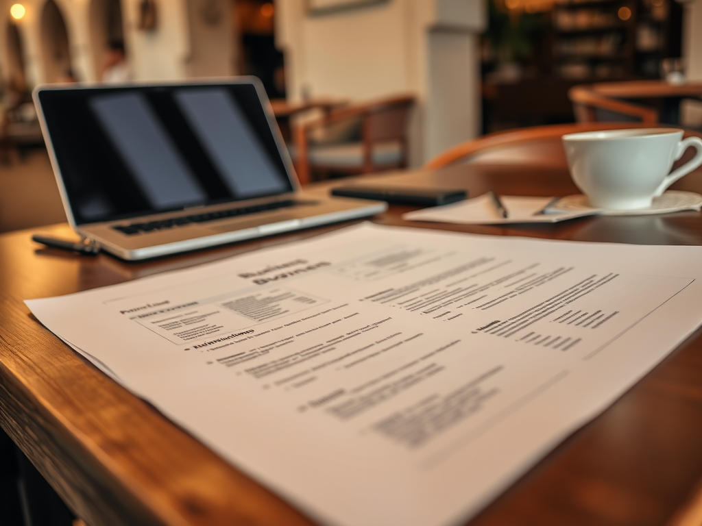 A laptop on a table next to a coffee cup and a printed document with a header, in a cozy café setting.