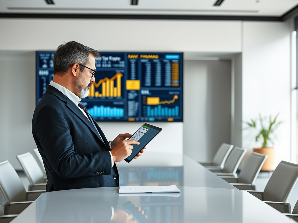 A businessman in a suit checks data on a tablet in a modern conference room with financial charts displayed on a screen.