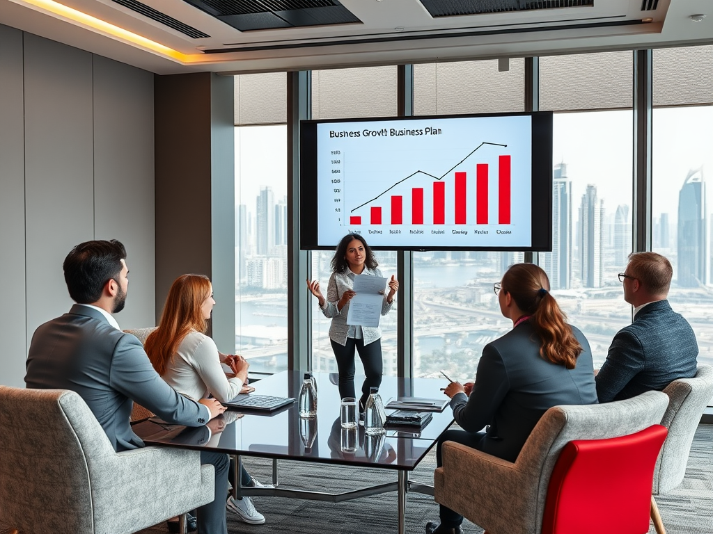 A woman presents a business growth plan with a chart to a group in a modern conference room with a city view.