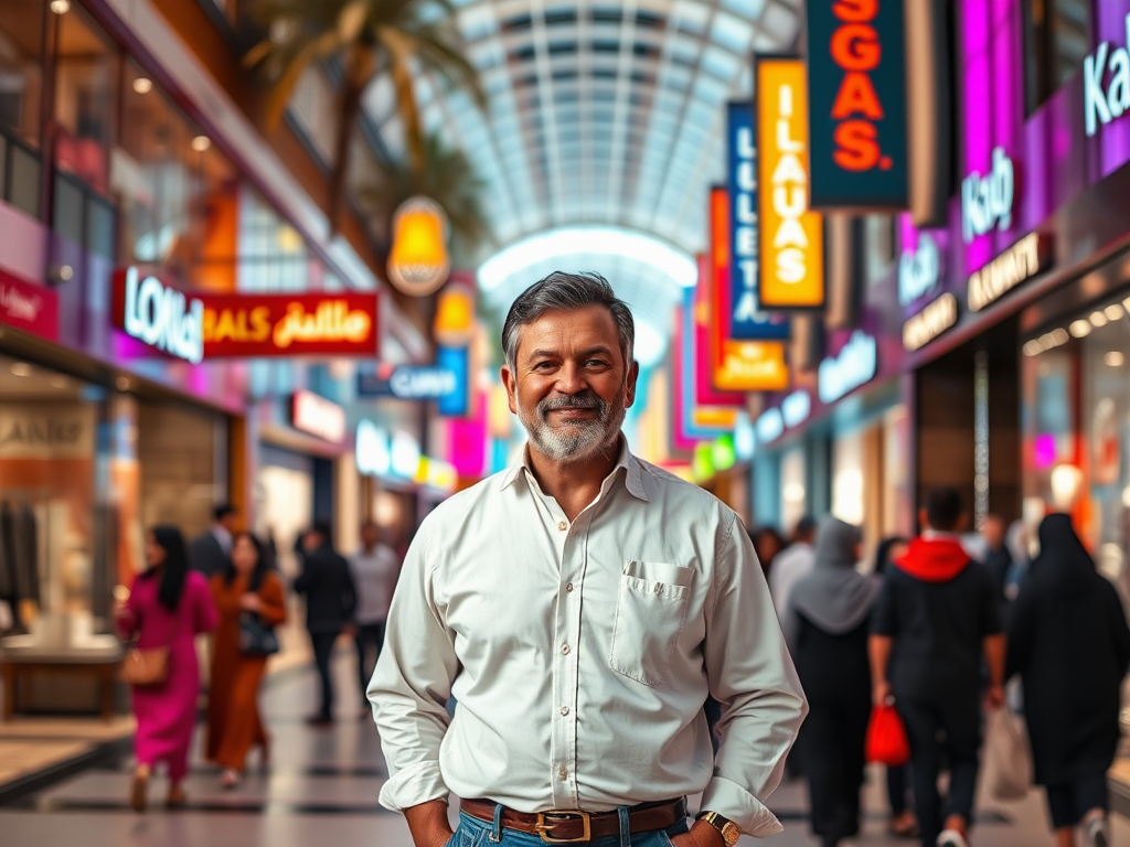 A smiling man in a white shirt stands in a vibrant shopping mall filled with colorful store signs.