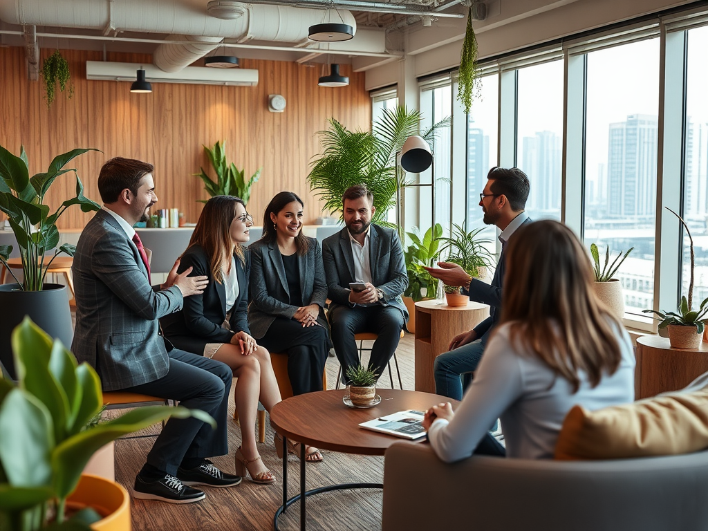 A group of five professionals engages in a discussion in a modern office space with large windows and plants.