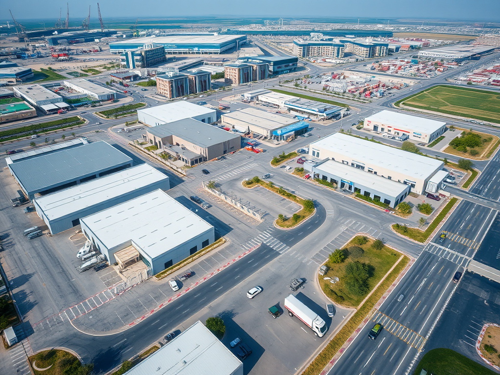 Aerial view of a commercial area with warehouses, roads, and parking lots, near a port and industrial buildings.