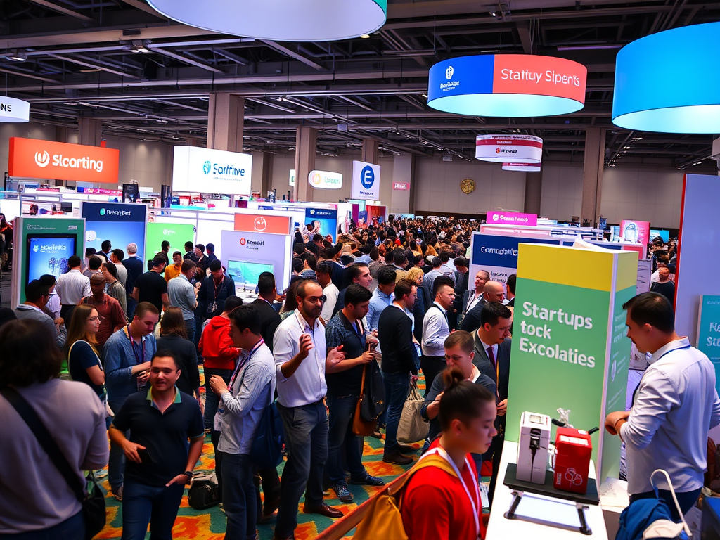 A crowded exhibition hall filled with attendees exploring various startup booths and displays.